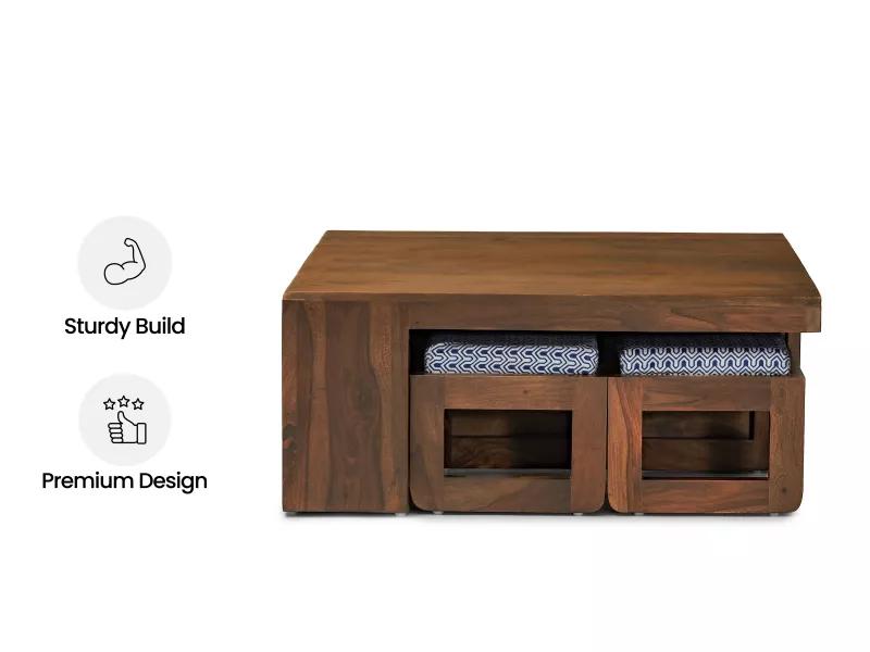 Alexa Solid Wood Coffee Table with 4 Stools