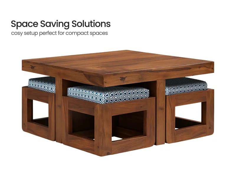 Vesta Solid Wood Coffee Table with 4 Stools