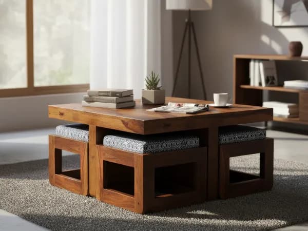 Vesta Solid Wood Coffee Table with 4 Stools