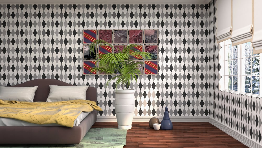 An Art Deco interior design bedroom with geometric patterns and bold  colors. The walls are painted