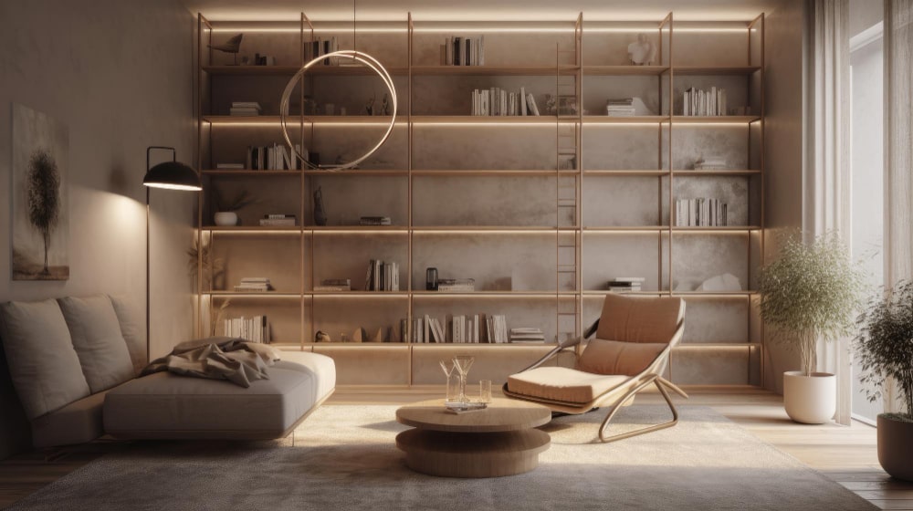 Minimalist reading room with simple, modern lighting and neutral tones