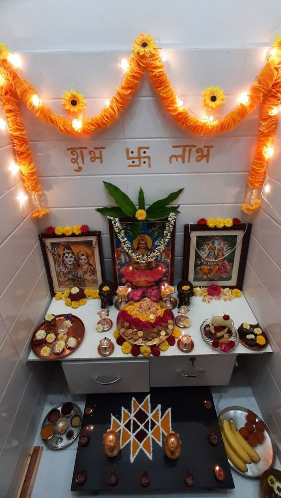 rangoli in pooja room decor ideas