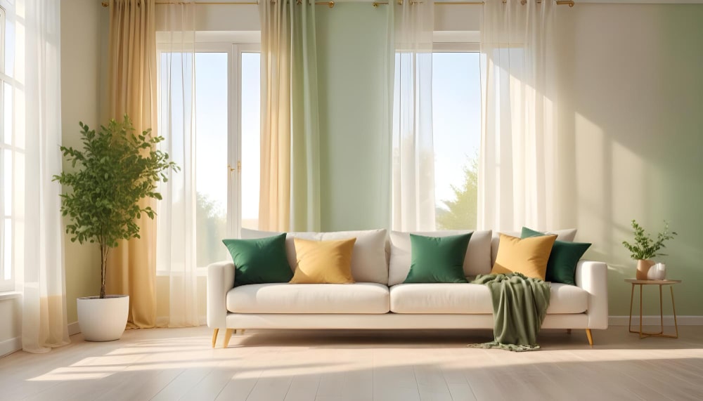 green walls and cream curtains 