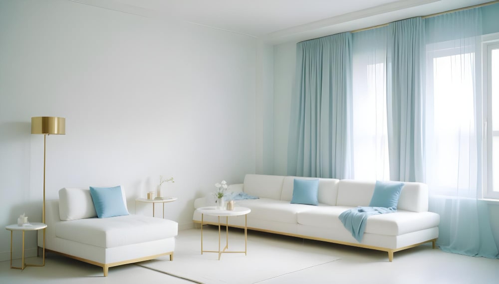 sky blue curtains, white walls 