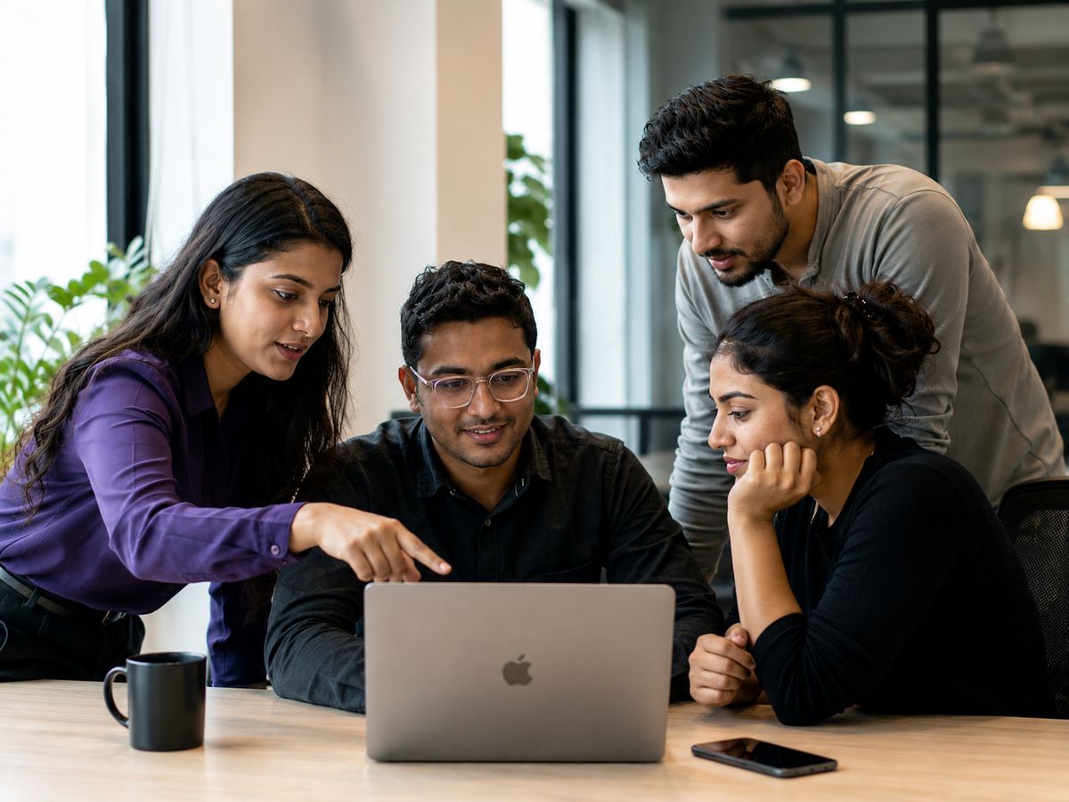 Cityfurnish team collaborating around a laptop in the office